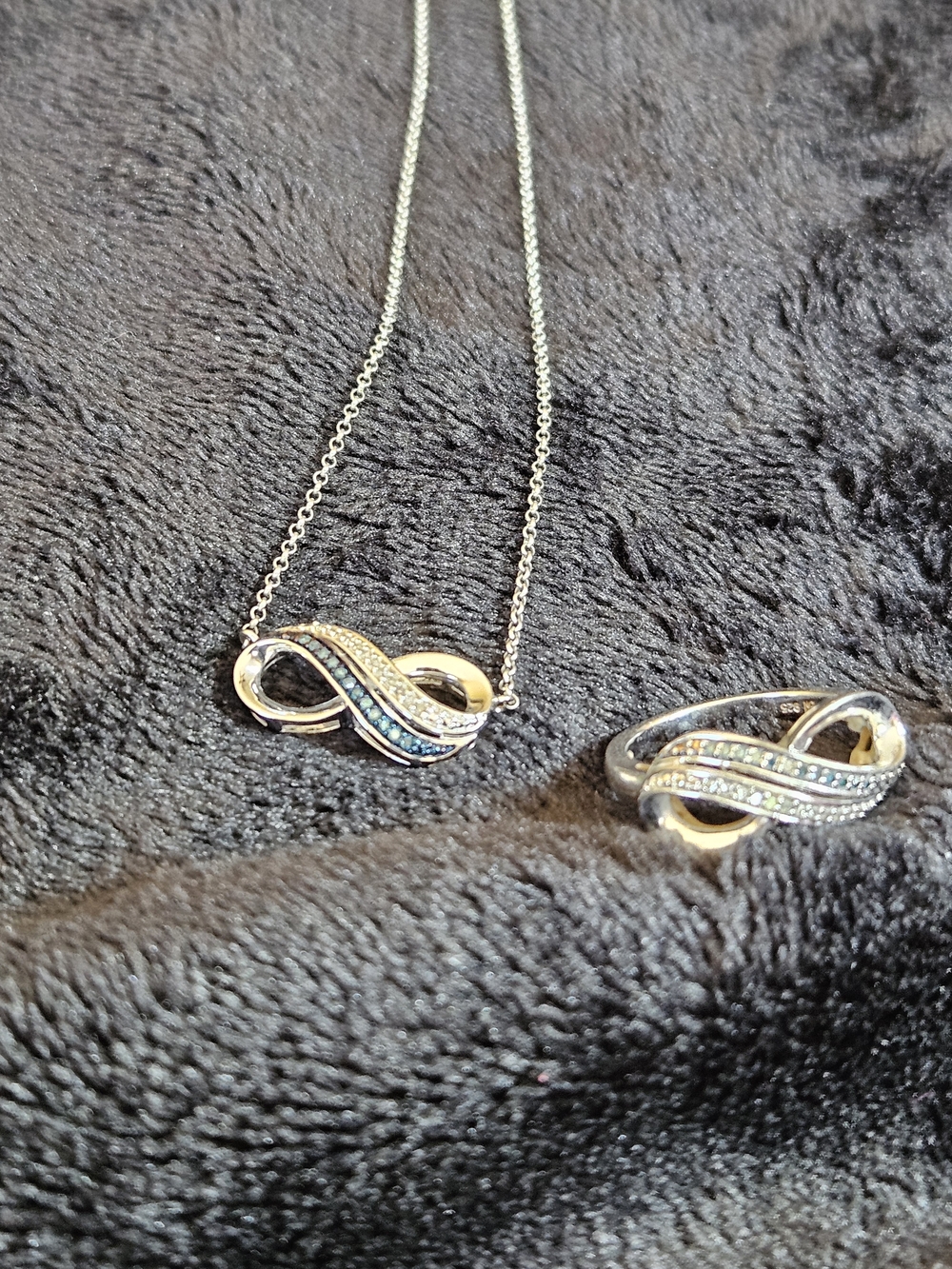 Sterling Infinity Necklace and Ring Set with Blue and White Accents